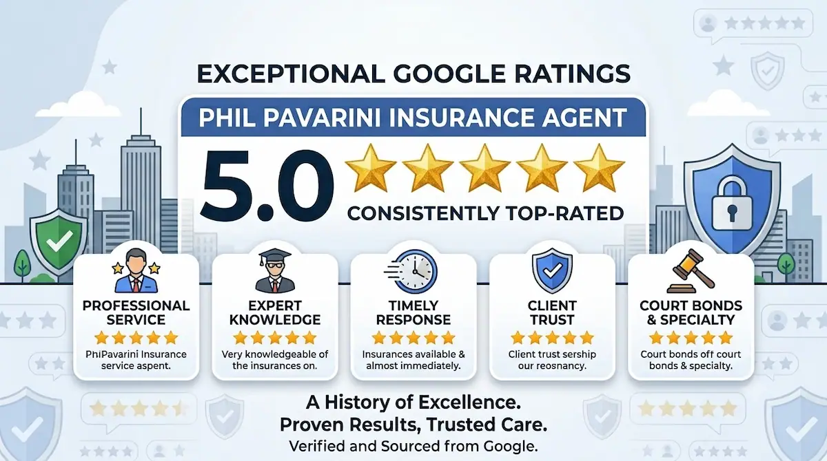 Phil Pavarini Insurance Agent showcasing a 5.0-star Google rating with five gold stars, highlighting professional service, expert knowledge, and client trust.